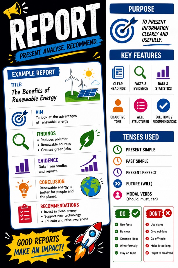 Report writing · Present, analyse, recommend classroom poster