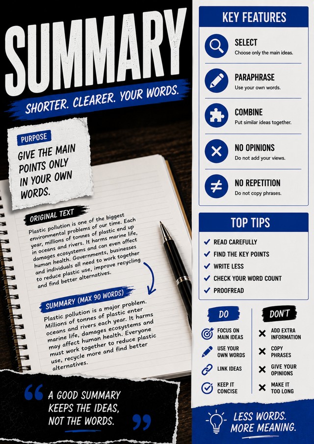 Summary: Study guide poster explaining how to write concise summaries, with tips, examples, and do_don't rules classroom poster